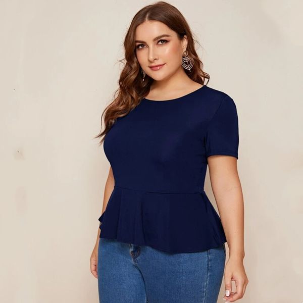 Damen-T-Shirt in Übergröße, elegantes Schößchen-Top, kurzärmelig, mit Schlüsselloch-Rückseite, Rüschenbluse, weiblich, groß, lässig, blau, T-Shirt, T-Shirt, 6XL, 7XL, 8XL, 230705