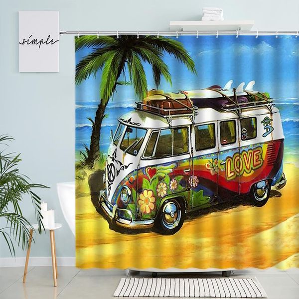 Filmes acampamento surf cortinas de chuveiro oceano praia tropical palmeiras viagem ônibus prancha padrão tecido poliéster decoração do banheiro ganchos