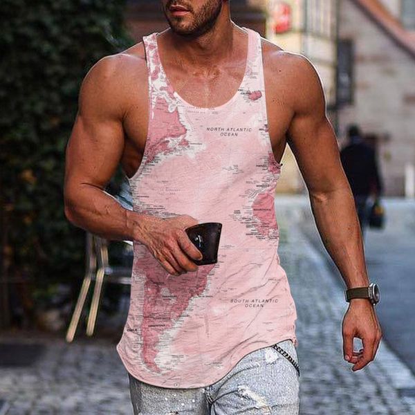 Regatas masculinas Verão Fitness Top Musculação Colete Masculino Muscular Treino Camiseta 3D Mapa Impresso Sem Mangas Camisa Rosa 230704