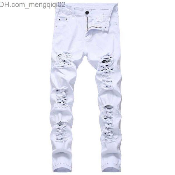 Erkek kot pantolon yırtık kot pantolon beyaz kırmızı siyah streç ince fit bahar sonbahar kot pantolon sıkıntılı hip hop sokak giyim biker kot pantolon x0621 z230711