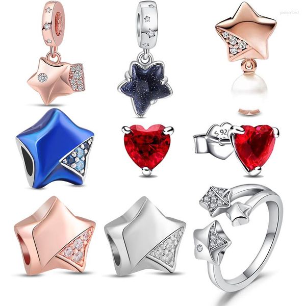 Lose Edelsteine, authentisches 925er-Massivsilber, fünfzackige Sterne, Pavé-glänzender Anhänger, luxuriöse Perlen, passend für Original-Charms-Armband, fein