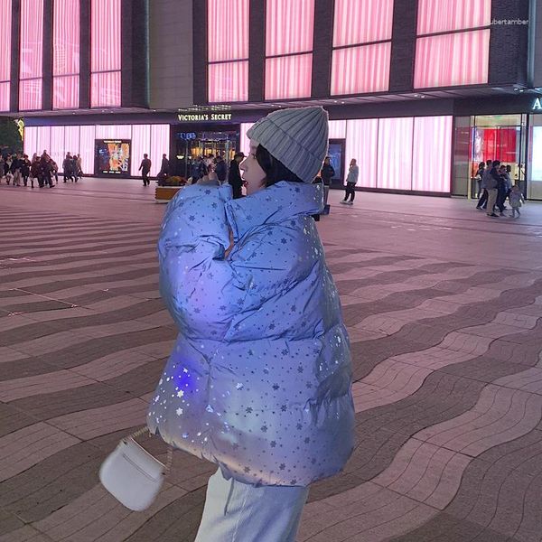 Piumino da donna Vitality Girl Tessuto fluorescente Fiocco di neve Stampa Bicolore Colletto alla coreana Abiti larghi per il pane Cotone Inverno