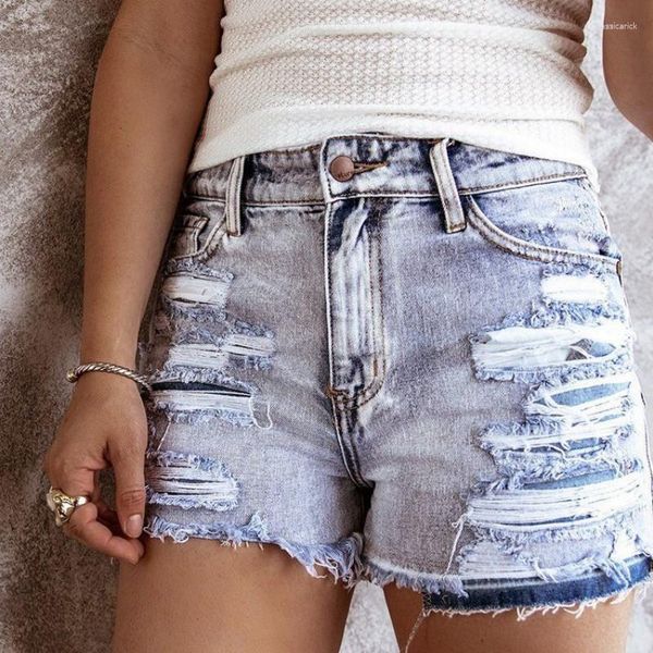 Shorts Feminino Broken Hole Jeans Mulher Y2k Moda Street Style Denim Curto Cintura Império Azul Claro Senhoras Casual Bottoms 2023 Verão