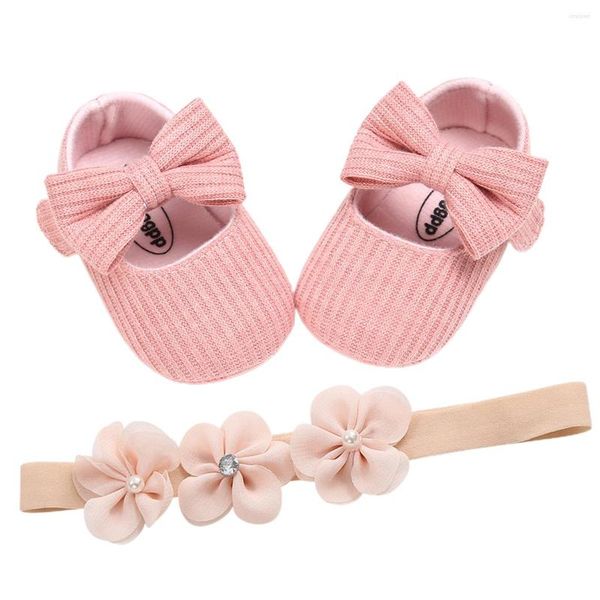 Scarpe da ginnastica Battesimo del bambino e set di fascia in cotone Bowknot Mary Jane Flats Flower Headwrap per bambine