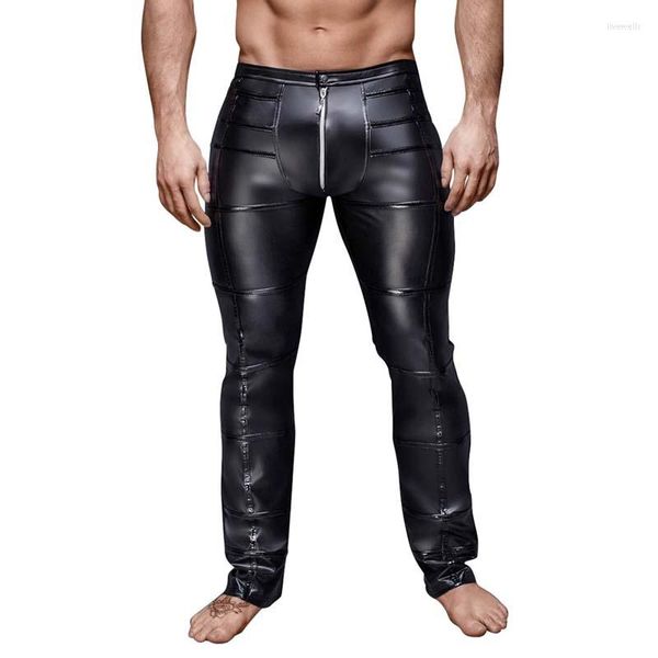 Rennhose Mode Herren Stretch Tight PU Leder Gothic Schwarz Slim Hose Biker