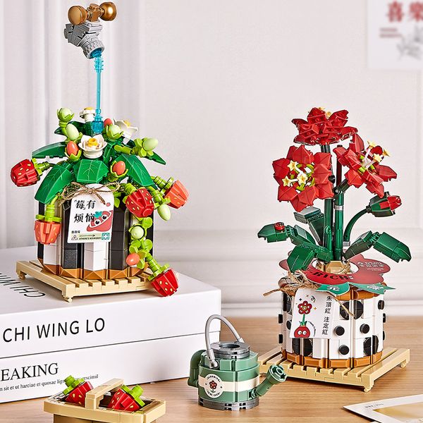 Diecast Modell LOZ Kreative Erdbeere Kirschblüte Topf Sukkulente Bonsai Pflanze Bausteine Moc Mini Blume Ziegel Home Decor Kinder Spielzeug 230705