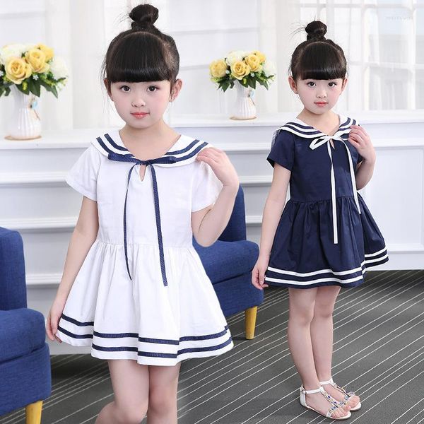 Девушка платья 2023 Дети девочки Summer Bow Sailor Dress Plore Ditse Detry Shot Sline A-Line Princess Одежда для ребенка 3-11 лет