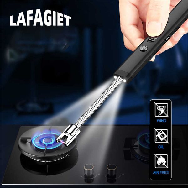 Кухня USB LIGHER с двойным светодиодным ветрозащитным барбекю с длинной свечей без газовой плиты Тип C Электрический дуг плазменный шланг -шланг Gun QPDX