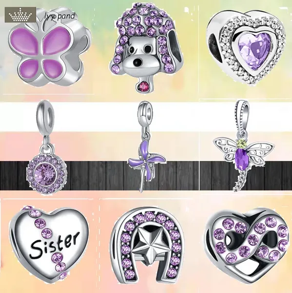 Für Pandora Charms Schmuck 925 Charm Perlen Zubehör Neues Lila Zirkon Windrad Schmetterling Herz Hund Glänzend