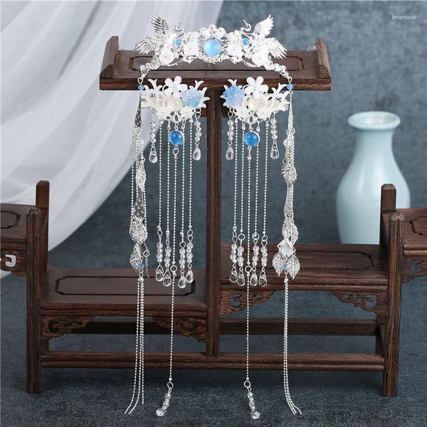 Conjunto de 3 peças de grampos de cabelo femininos duplos Phoenix Flowers Metal Tassel Crown Clipe Hanfu Chinês