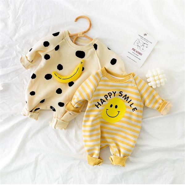 2021 Yeni Bahar Bebek Bebek Erkek Romper Polka Dot Muz Gülümseme Çizgili Tulum Çocukları Moda Kıyafetleri E3081247K