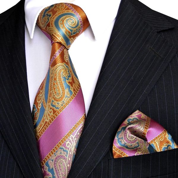 E6 Paisley Stripes Multicolor Arancione Giallo Blu Rosa Cravatta da uomo Set di cravatte Hanky 100% seta intera202x