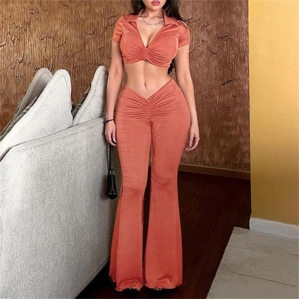 Frauen Zweiteilige Hosen Y2K Streetwear Anzüge Sexy Bandage Solide Mode Kordelzug V-ausschnitt Crop Top Und Hohe Taille Flare 2 Set
