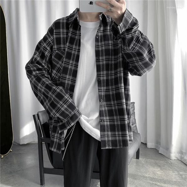 Camicie casual da uomo Camicia scozzese a maniche lunghe autunno Moda uomo stile coreano Abbigliamento Hip Hop Kpop Abbigliamento 2023 Ulzzang hawaiano maschio