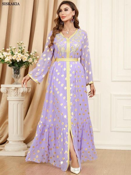 Ethnische Kleidung Siskakia Bescheidenes muslimisches marokkanisches Jalabiya Chic Dot Gold Stamping Stickerei Abaya Dubai Arabisches langes Kleid Corban Eid Al Adha