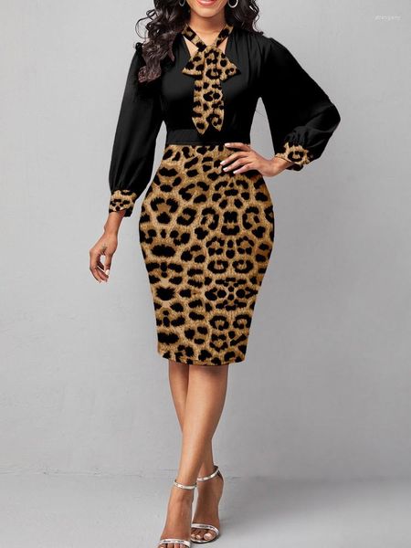 Abiti casual Office Ladies Leopard Patchwork Work Business Dress Bow Collar Lanterna manica intera Matita Retro vita a forma di Midi