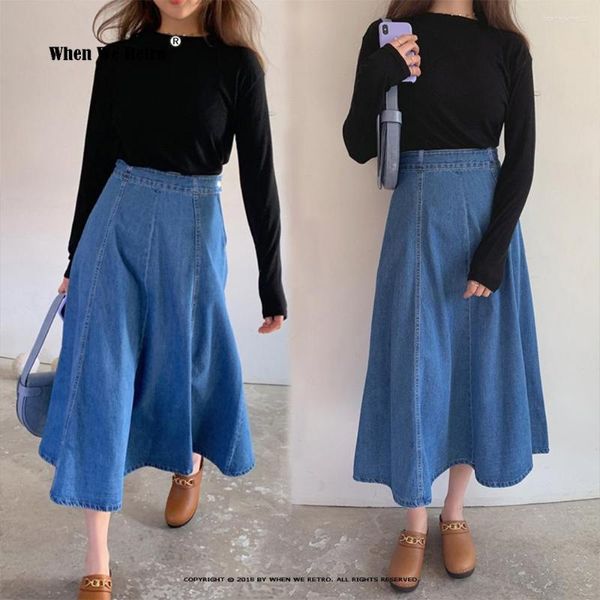 Röcke Frühling Sommer Hohe Taille Midi Langer Rock Plus Größe Tiefblau Denim Reißverschluss Seite Koreanische Maxi A-linie Regenschirm Jupe VD3735