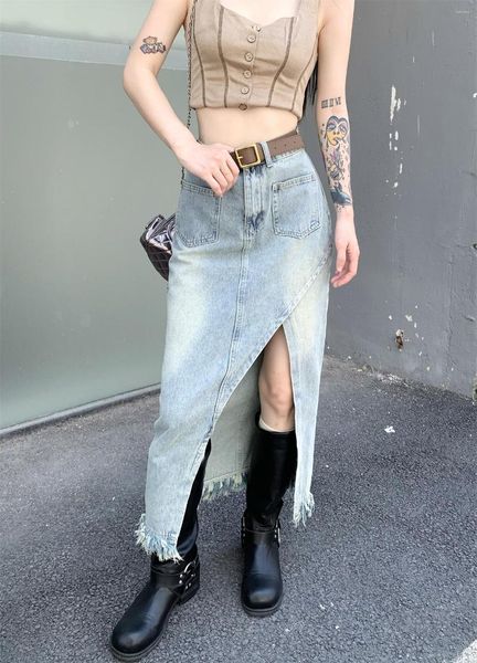 Gonne Gonna lunga in denim da donna dal design coreano Vintage High Wasit Jeans Side Split A-line Maxi