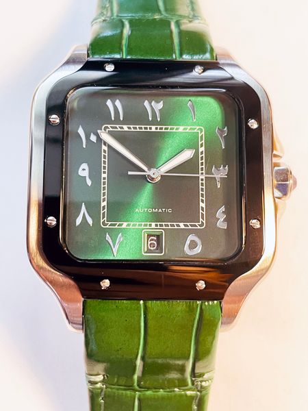 Арабские цифровые часы для мужчин квадратные автоматические механические часы дата 38 -мм зеленый циферблат кожаные ремешки мужчин.