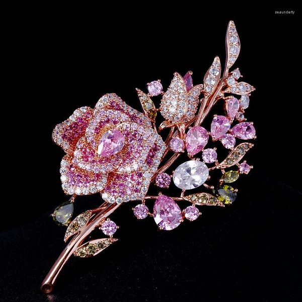 Broches Criativos Jóias Nupciais Acessório Rosa Cúbico Zircão Luxo Rosa Flor Broche Fato Pin Lady Cachecol Botão Presente