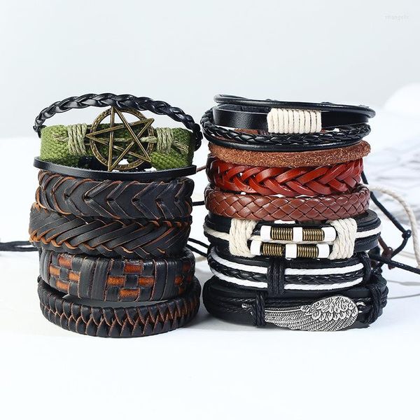 Pulseira 12 pçs/conjunto estilo punk pulseiras de penas vintage couro genuíno pulseiras femininas pulseiras masculinas ajustáveis de couro de vaca joias para presente