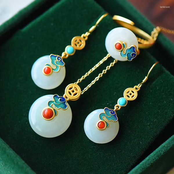 Серьги ожерелья устанавливают оригинальный натуральный хетанский белый нефритовый ювелирные украшения китайский уникальный древний золотой мастерство подарка