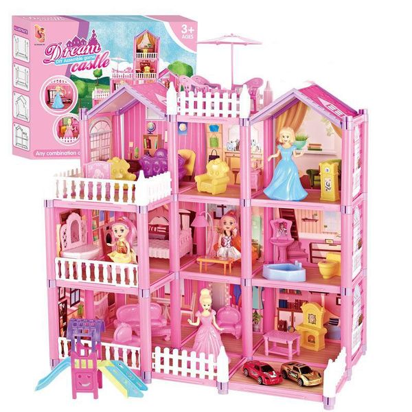 Аксессуары для кукольного дома принцесса Большая Вилла DIY DOLLHouses Pink Castle Play с Slide Yard Комплект Комплект Комплект Игрушка День рождения Подарок Кухня 230705