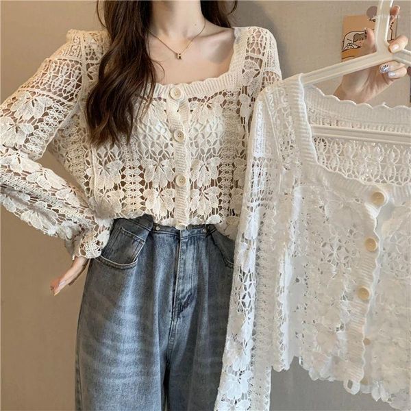 Regatas femininas Sexy Sun Protect Crochet Pullover Shirts Top Hollow Out Short Knitt Smock Women Y2K Summer Blusas Mujer Cover Up