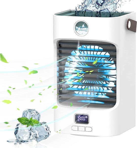 mini refrigerador de ar, ar condicionado, refrigerador de ar 4 em 1 com função de rotação de 120°, ventilador com resfriamento a água, umidificador com tanque de água, 3 níveis, LED RGB