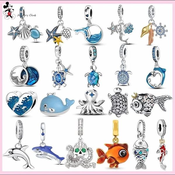 Para pandora, pingentes de prata 925, pingentes, pulseira, tartaruga marinha, estrela do mar, azul, golfinho, polvo, concha, conjunto de pingentes