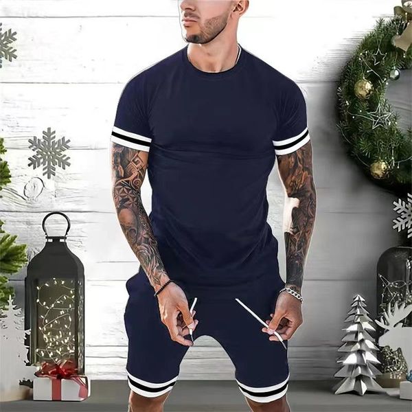 Erkek Trailsuits 2023 Yaz Takım Dikiş T-Shirt Şort 2 Set Soath Nefes Alabası Spor Giyim 3D Baskılı Moda Romanı Kısa kollu T