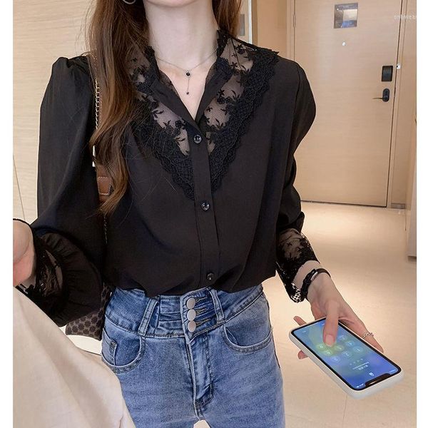 Frauen Blusen Bluse Temperament Weiß Chiffon Blusas Tops Spitze Splice Shirt Mode Lässig Schwarz Frühling Herbst Camisas