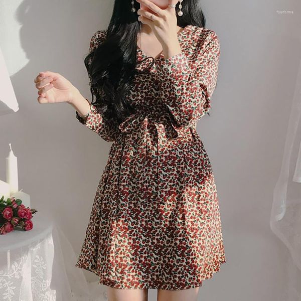 Vestidos Casuais Mini A Line Vestido Floral Chiffon Vintage Coreano Manga Longa Vestido Curto Bonito Harajuku Decote em V Mulher 2023 Primavera Verão