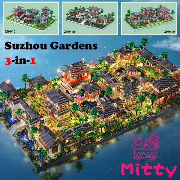 Diecast Model Lezi Architecture Ancient Pavilion Temple Tower Lake Garden Gate LED Light Mini Diamond Blocks Bricks Building Toy no Box 230705