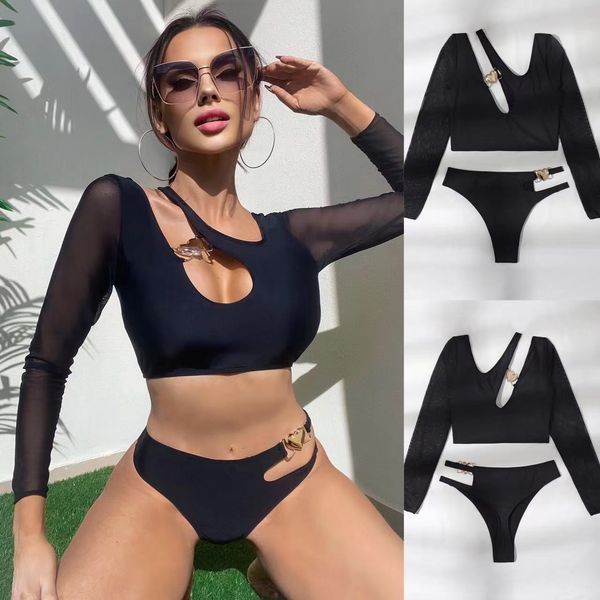 Damenbadebekleidung Sexy Asymmetrischer Ausschnitt Langarm Bikini Weiblicher Badeanzug Frauen Zweiteiliges Set Badende Badeanzug Schwimmen V4585