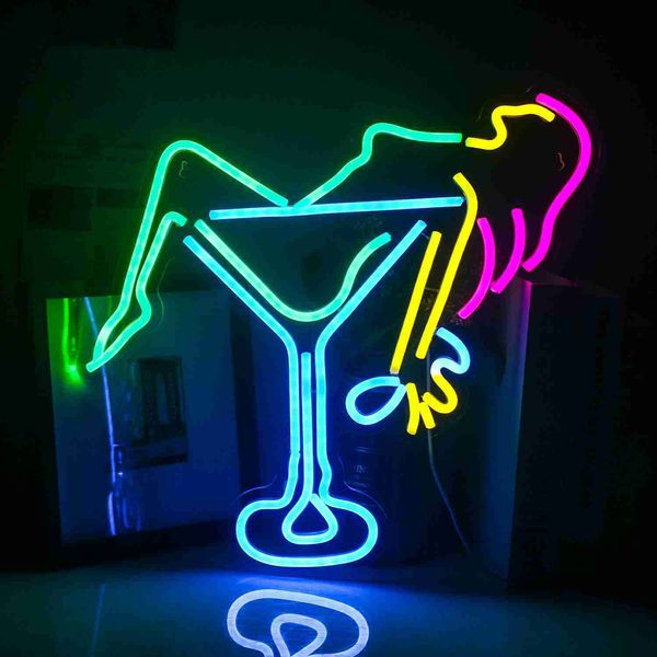 Sinal Neon Luz LED Mulher Sexy Copo de Vinho Bar Casa Quarto Arte Casamento Sala Estética Festa de Aniversário Pista Decorar Parede USB HKD230706