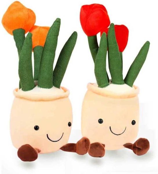 Animais de Pelúcia Recheados 2 pçs Planta Tulipa Brinquedos de Pelúcia Suculenta Planta Recheada Travesseiro Recheado Vasos de Plantas Boneca Decoração de Sala de Estar para Crianças Presente HKD230706