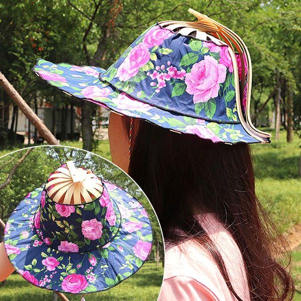 Cappelli a tesa larga Cappello per ombreggiatura solare Ventaglio di bambù Primavera ed estate Pieghevole Moda multifunzionale Berretto da viaggio da spiaggia da donna Tour Protezione solare