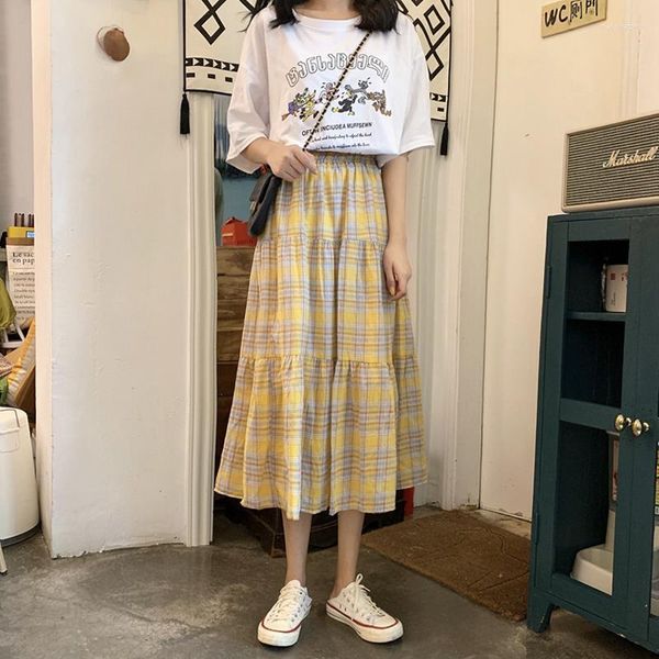 Gonne 2023 Primavera Estate Donna Gonna Oversize Stile Coreano Linea A Harajuku Scozzese Giallo Vita Alta Donna