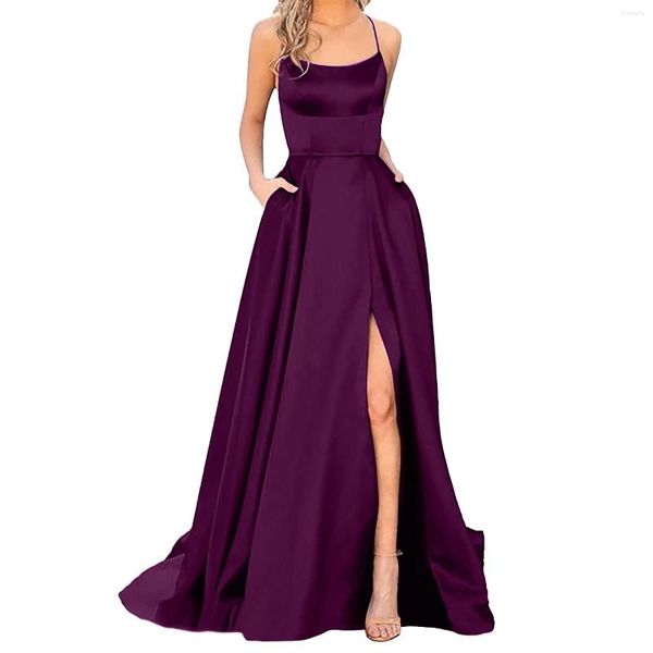 Lässige Kleider, Sommerkleid, Abschlussball, Damen, lange Damen, elegante, rückenfreie Kleider, Crisn-Satin-Spaghetti-Party, Seitenschlitz