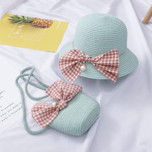 Cappelli 1Set Kids Girls Protezione solare Cappello da spiaggia Summer Bucket Berretto di paglia Bowknot Borsa 97BC