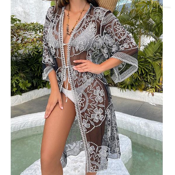 Costumi da bagno da donna Cardigan in pizzo Bikini Cover-Ups Donna Scava fuori Sheer Beach Long Open Front Kimono Abbigliamento per la protezione solare