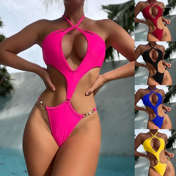 Roupa de banho feminina 2023 Fato de banho multicolorido Sexy bordado com pérolas Cadeia frente única Roupa de praia