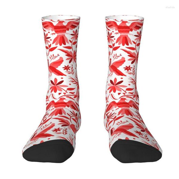 Herrensocken, niedlicher mexikanischer Otomi für Herren im roten Kunstkleid, Unisex, warm, atmungsaktiv, 3D-gedruckt, Volkstier-Crew