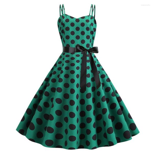 Sıradan Elbiseler Yeşil Polka Nokta Yular Vintage Elbise 50s 60'lar Gotik Pin Up Rockabilly Robe Femme Seksi Spagetti Kayışı Partisi Yaz 2023