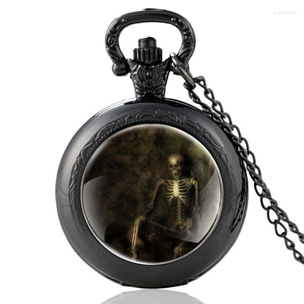 Orologi da taschino Scheletro teschio retrò Nero Orologio al quarzo unico Uomo Donna Cupola di vetro Collana con ciondolo classico Ore orologio