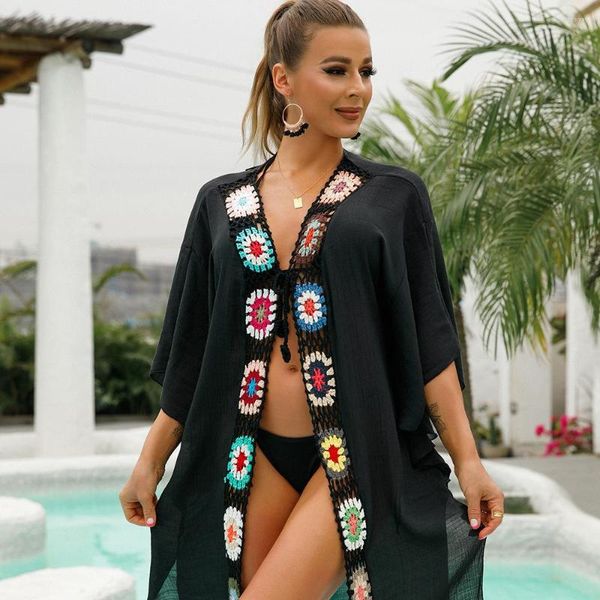 Costumi da bagno da donna stile vacanza estiva scollo a V gancio fiore patchwork spiaggia kimono piscina protezione solare camicia da indossare