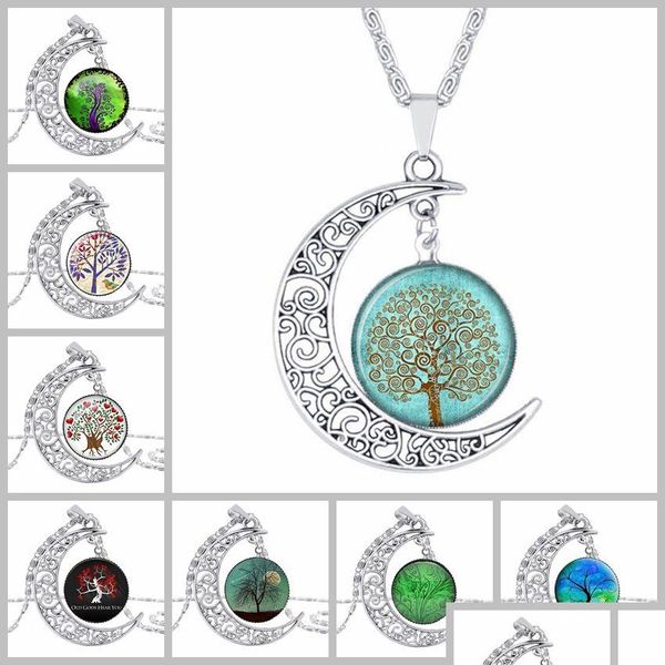 Anhänger Halsketten Neue Vintage Mond Halskette Sternenhimmel Weltraum Universum Edelstein Anhänger Frauen Accessoires Baum des Lebens Tropfen Delive Dhdhv