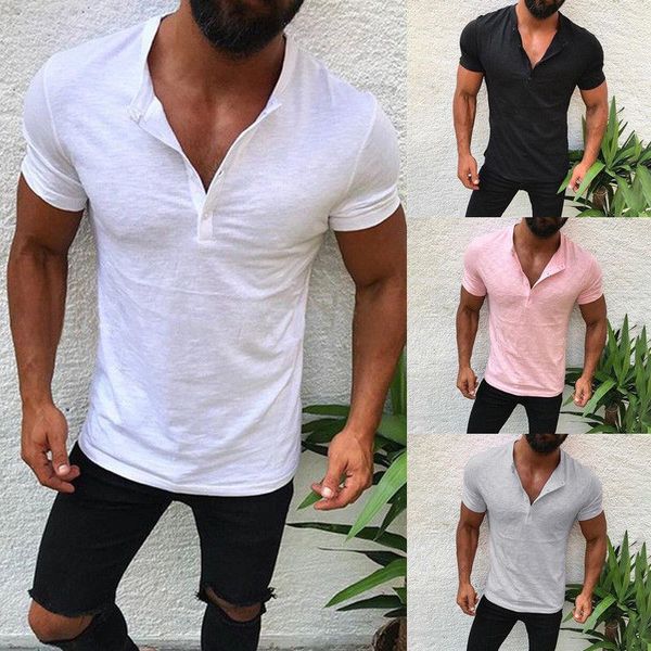 Camisetas masculinas fashion cor lisa manga curta gola redonda botão camiseta casual