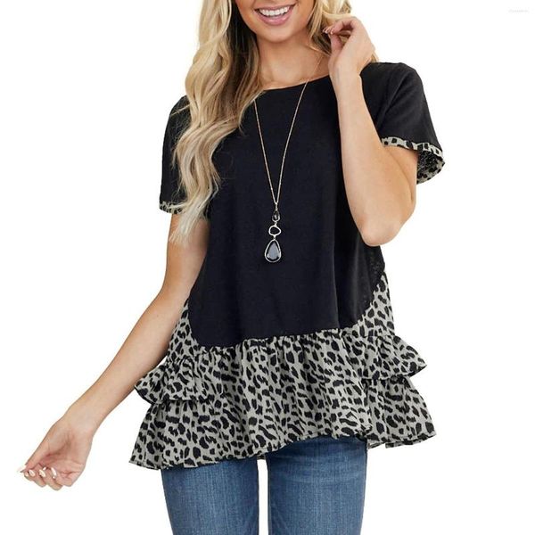 Blusas femininas gola redonda com babados estampa de leopardo costura